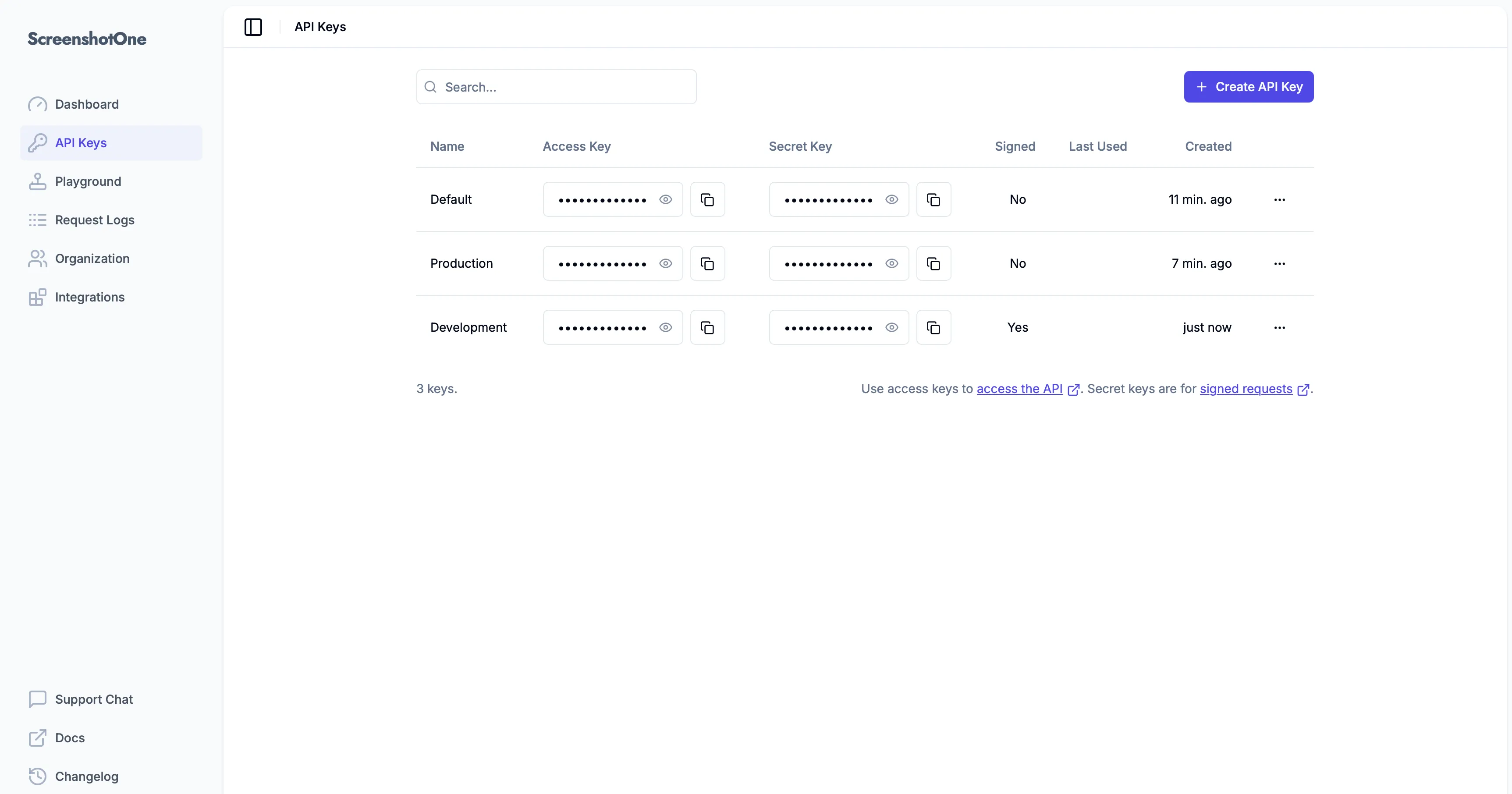 Multiple API keys in the dashboard