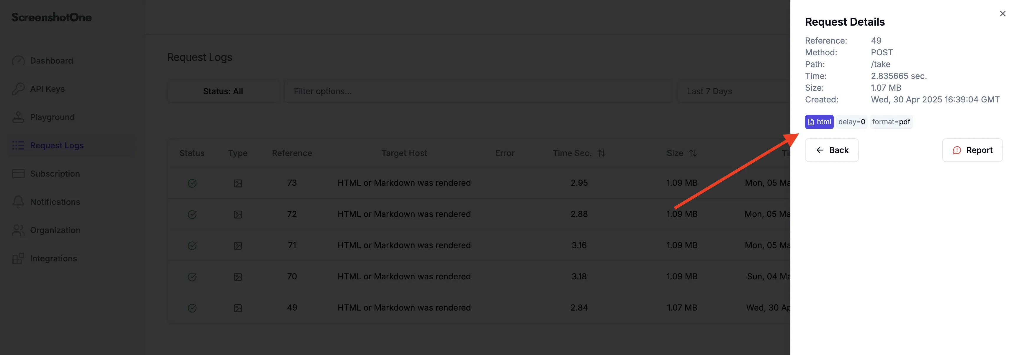 Screenshot of the request content