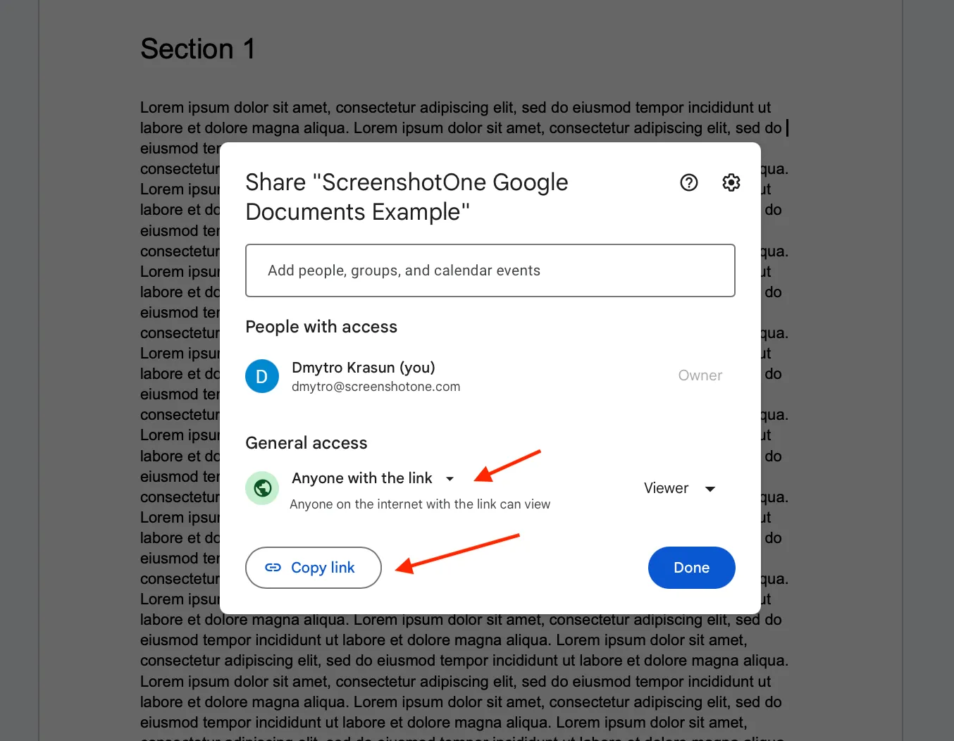 The Google Docs share settings