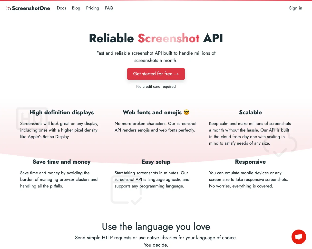 A screenshot of the ScreenshotOne site taken by screenshot
API